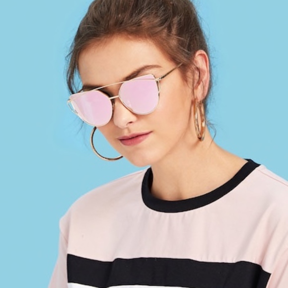 Gold Metal Frame Double Bridge Pink Lens Sunglass - Picture 2 of 6